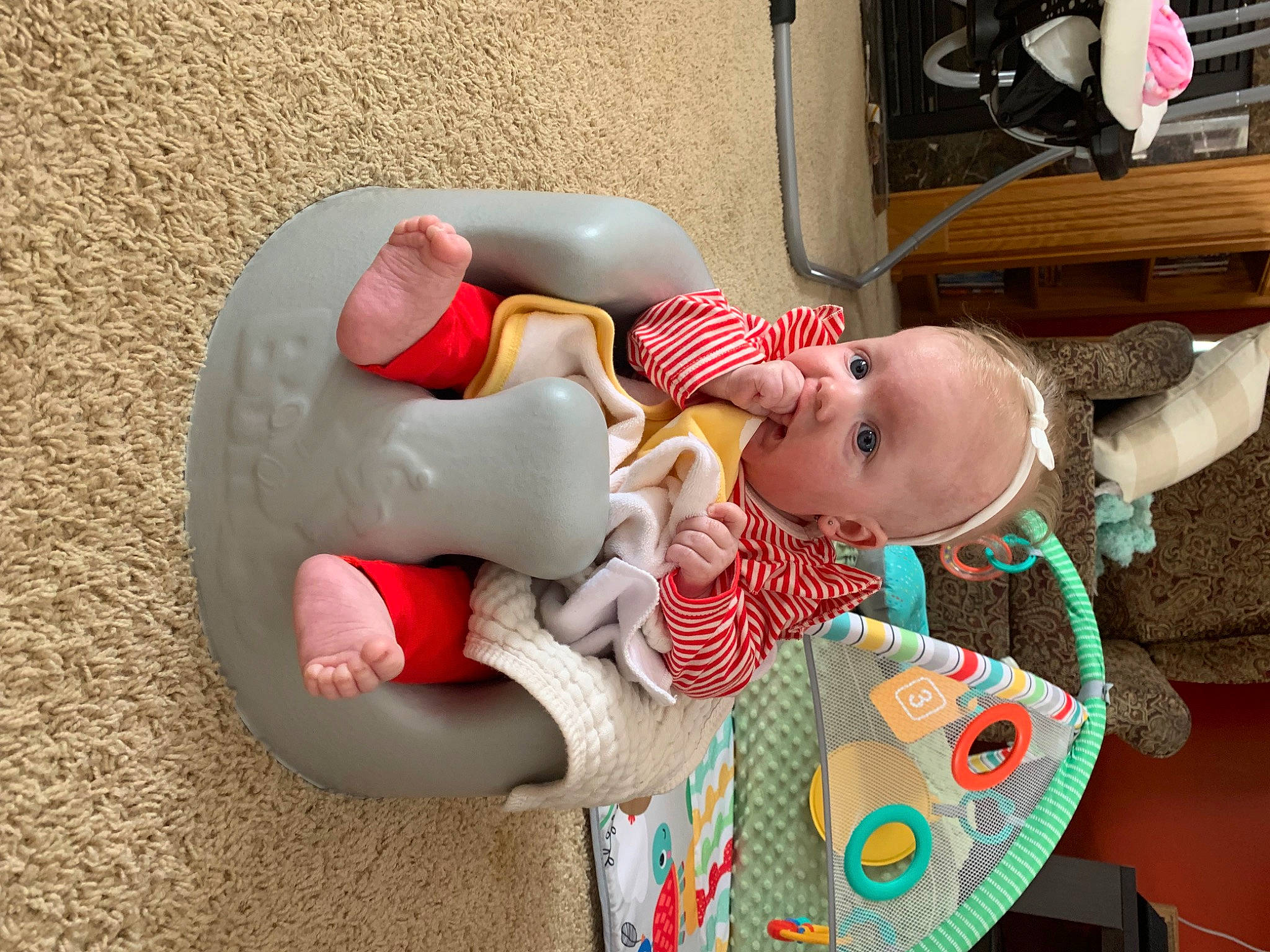 Kinsley joined the competition — help win amazing prizes! baby, baby_products, baby_toddler_clothing, baby_toys, carmine, child, comfort, event, hat, human_body, person, plastic, room, service, sitting, skin, surprise, toddler, toy, window