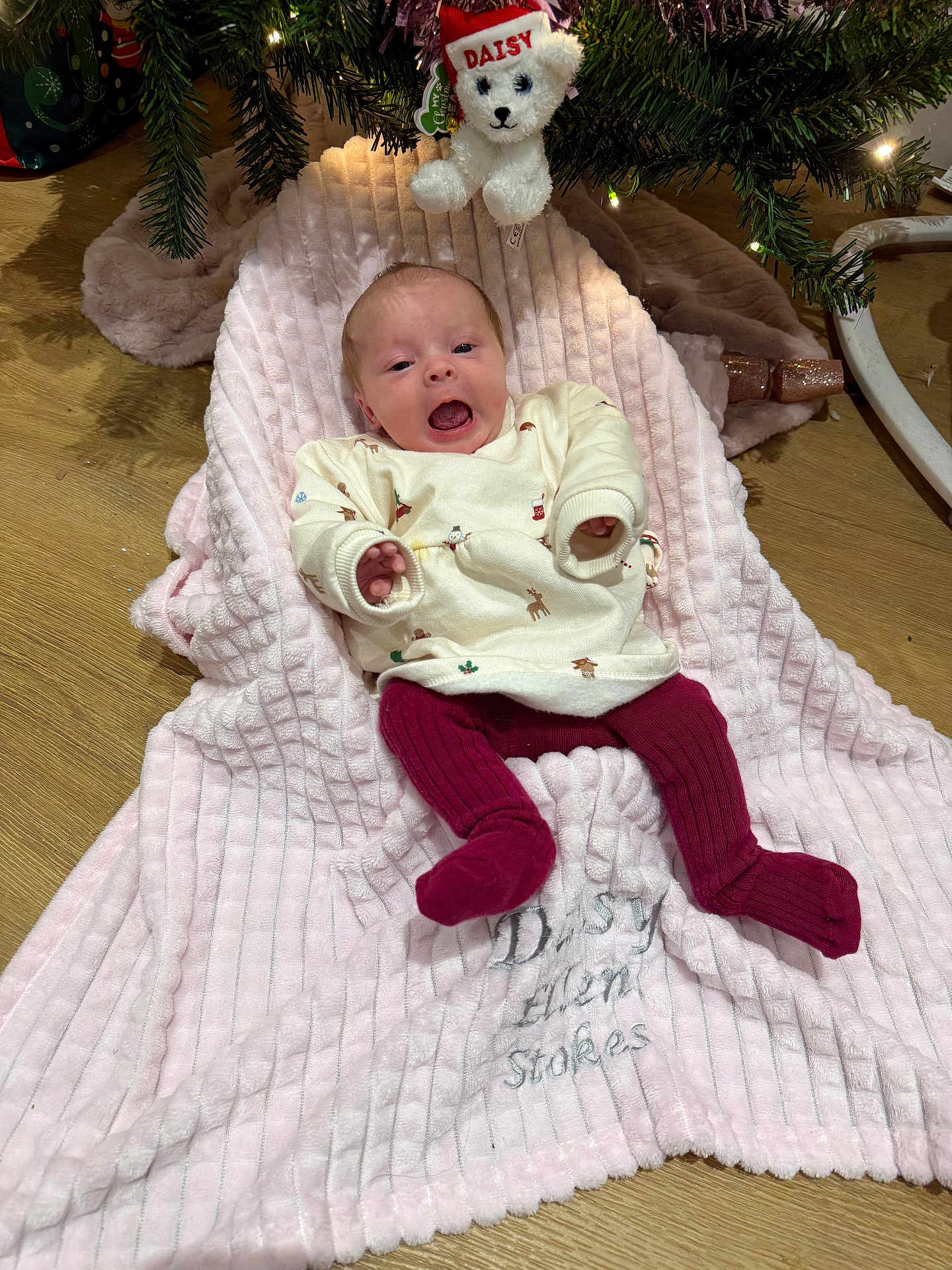 Daisy is registered to the contest to win money with this photo: baby, blanket, christmas_tree, floor, wooden_floor, toy, plush_toy, holiday, festive_clothing, socks, smiling, infant, face, person, indoors, decorations, flooring, cozy, cute, child