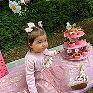 Hilal participe au concours pour gagner de l'argent avec cette photo : toddler, child, pink_dress, hair_bows, cupcakes, outdoor, tablecloth, toy_giraffe, birthday_crown, nature, grass, trees, party, celebration, food, sitting, cute, flower_pattern, pink_cardigan, smile