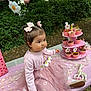 toddler, child, pink_dress, hair_bows, cupcakes, outdoor, tablecloth, toy_giraffe, birthday_crown, nature, grass, trees, party, celebration, food, sitting, cute, flower_pattern, pink_cardigan, smile