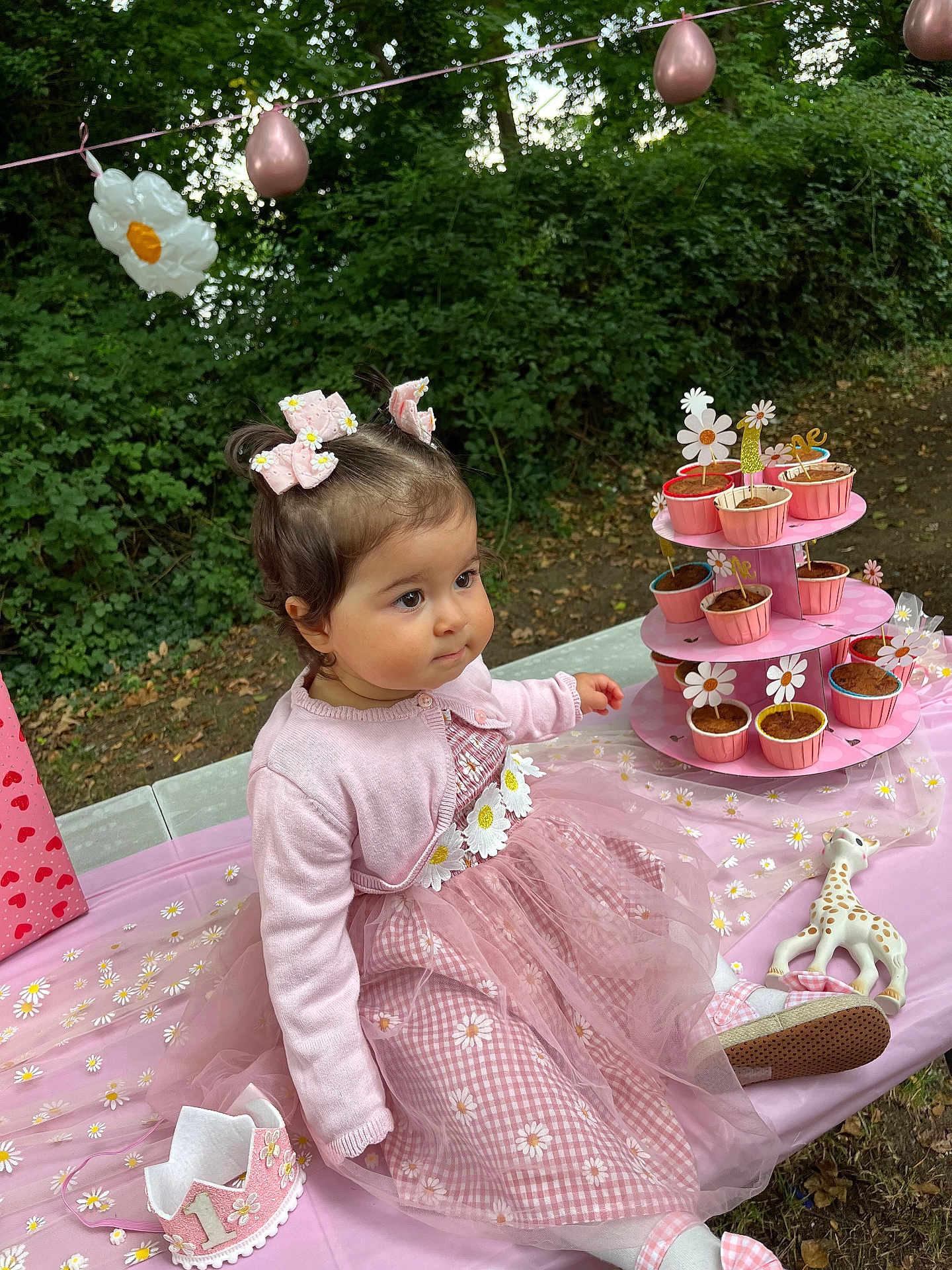 Hilal participe au concours pour gagner de l'argent avec cette photo : toddler, child, pink_dress, hair_bows, cupcakes, outdoor, tablecloth, toy_giraffe, birthday_crown, nature, grass, trees, party, celebration, food, sitting, cute, flower_pattern, pink_cardigan, smile