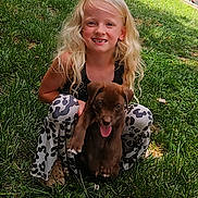 Dollar joined the competition — help win amazing prizes! child, girl, puppy, dog, grass, outdoor, smiling, happy, blonde_hair, curly_hair, black_top, patterned_pants, tongue_out, pet, playing, nature, sunlight, brick_wall, crouching, cute