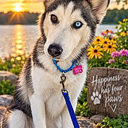 Sakari joined the competition — help win amazing prizes! animal, black_and_white, blue_eye, brown_eye, collar, dog, dog_tag, flowers, fluffy, garden, head_tilt, heterochromia, husky, lake, leash, outdoors, pet, siberian_husky, sitting, sunset