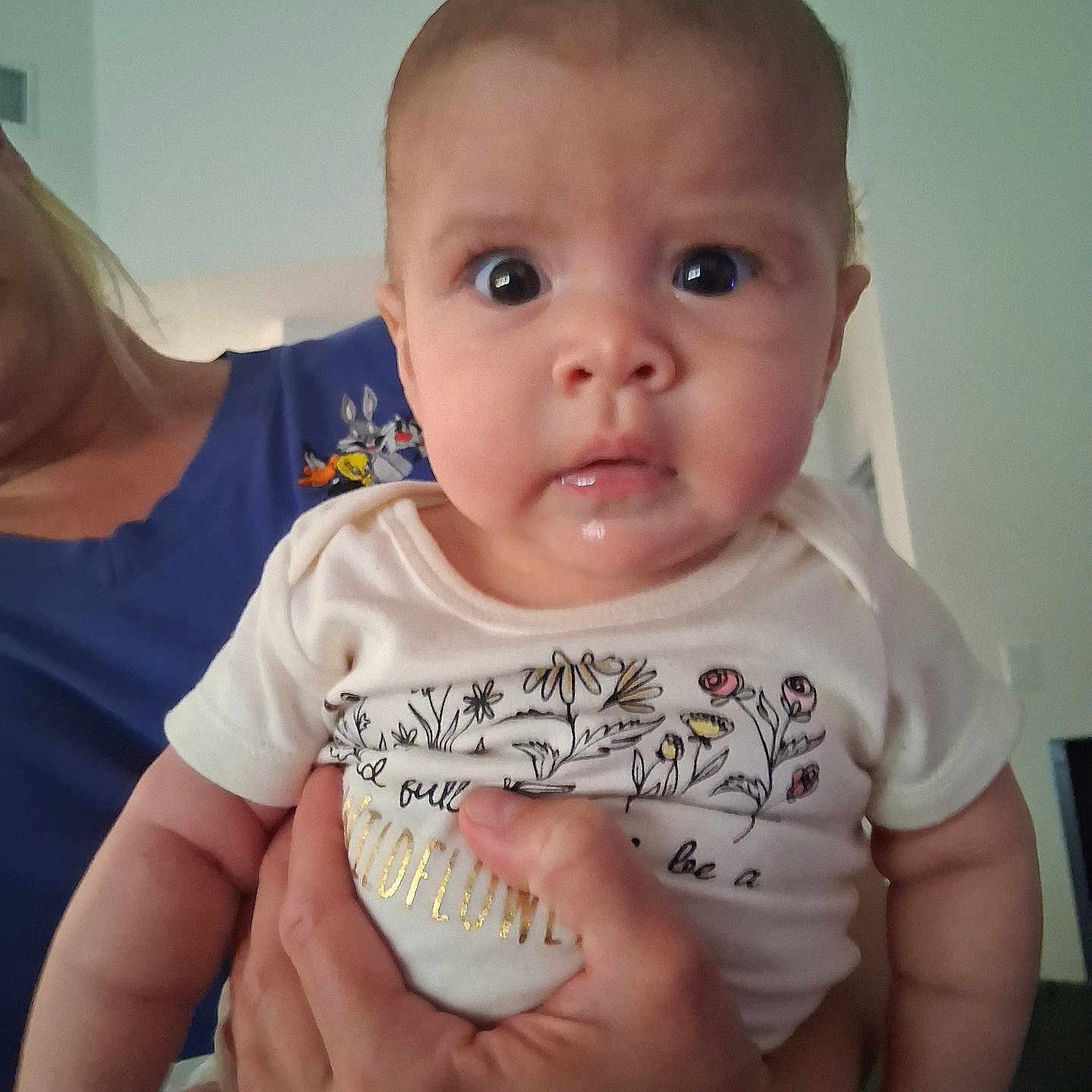 Edan Mae joined the competition — help win amazing prizes! baby, infant, person, child, face, eyes, expression, hand, clothing, shirt, adult_hand, indoor, portrait, skin, holding, cartoon, blue_shirt, floral_design, gold_lettering, human