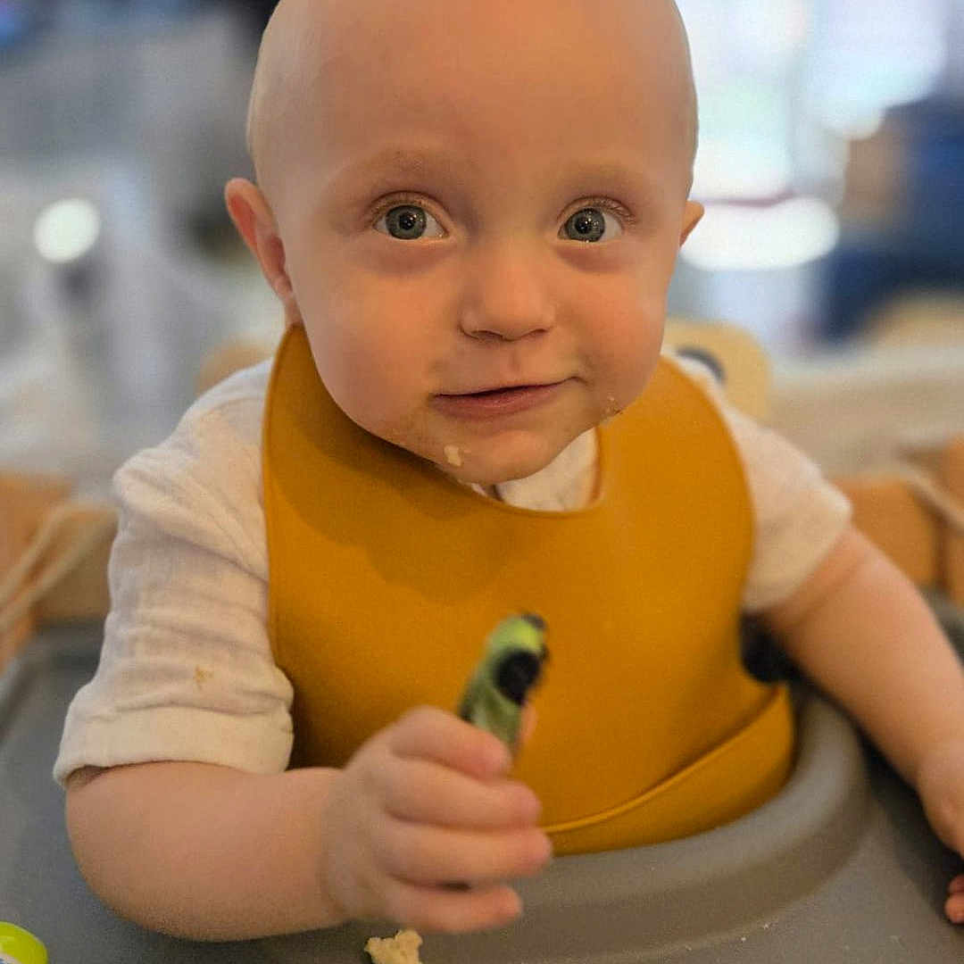 Briec participe au concours pour gagner de l'argent avec cette photo : baby, bib, blurry_background, child, curious, cute, expression, face, feeding, food, hand, high_chair, indoor, infant, person, playful, sitting, table, toy, young