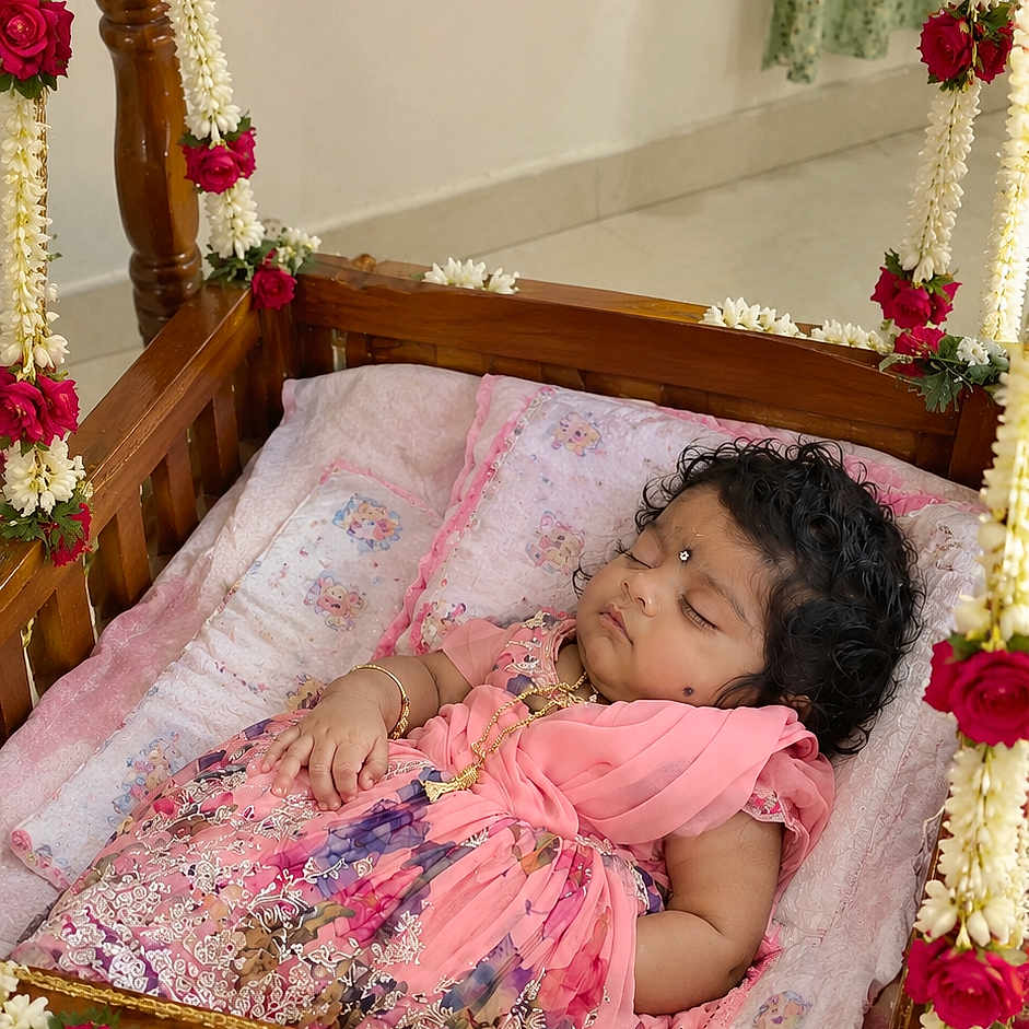 Nidhiksha is registered to the contest to win money with this photo: baby, sleeping, infant, cradle, crib, floral_garland, flowers, roses, white_flowers, pink_dress, baby_clothing, portrait, indoors, bedroom, wooden_furniture, bedding, pillow, peaceful, curly_hair, traditional_decor