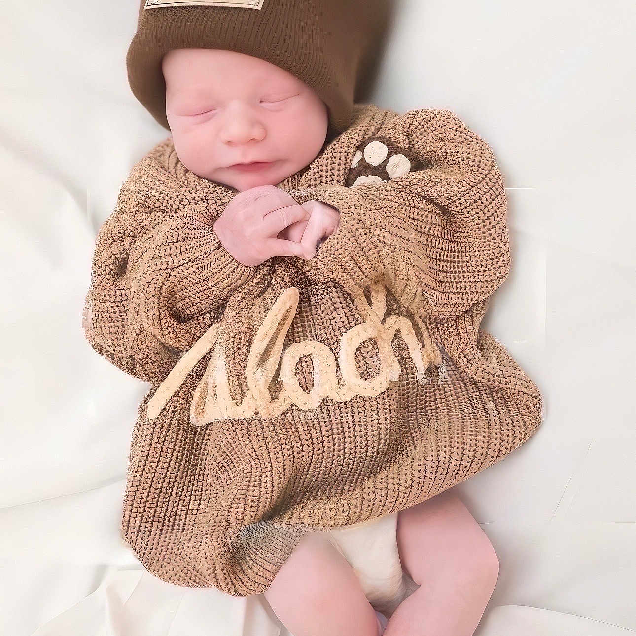 Malachi is registered to the contest to win money with this photo: baby, blanket, brown, child, cozy, cute, hands, hat, indoors, infant, knitted_sweater, legs, newborn, peaceful, portrait, resting, sleeping, soft, toddler, warm