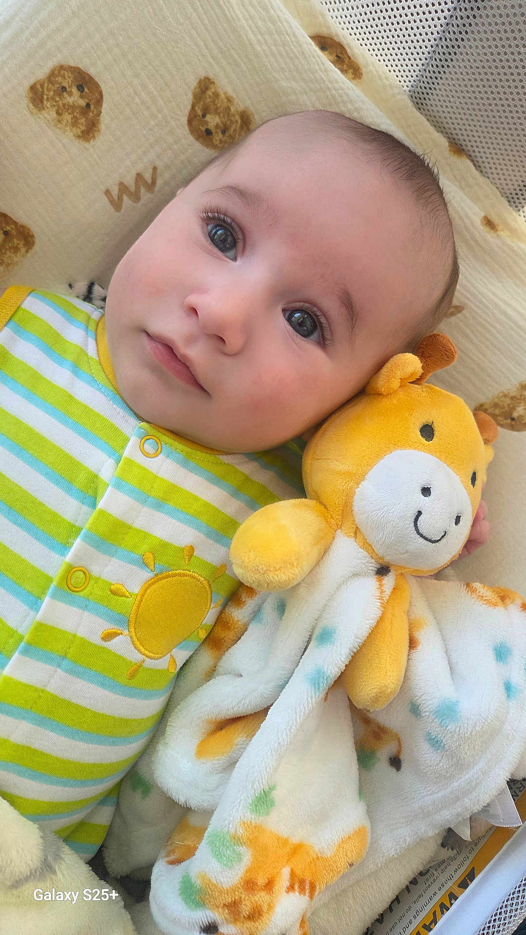Mike is registered to the contest to win money with this photo: baby, infant, plush_toy, giraffe, blanket, teddy_bear_pattern, striped_clothing, onesie, yellow, green, blue, soft_texture, face, eyes, cute, lying_down, comfort, infant_clothing, baby_bedding, portrait