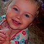 Makayla joined the competition — help win amazing prizes! toddler, child, smiling, happy, face, blue_eyes, messy_face, colorful_clothing, cartoon_characters, close_up, indoor, cute, young_child, portrait, skin, hand, hair, person, baby, expression