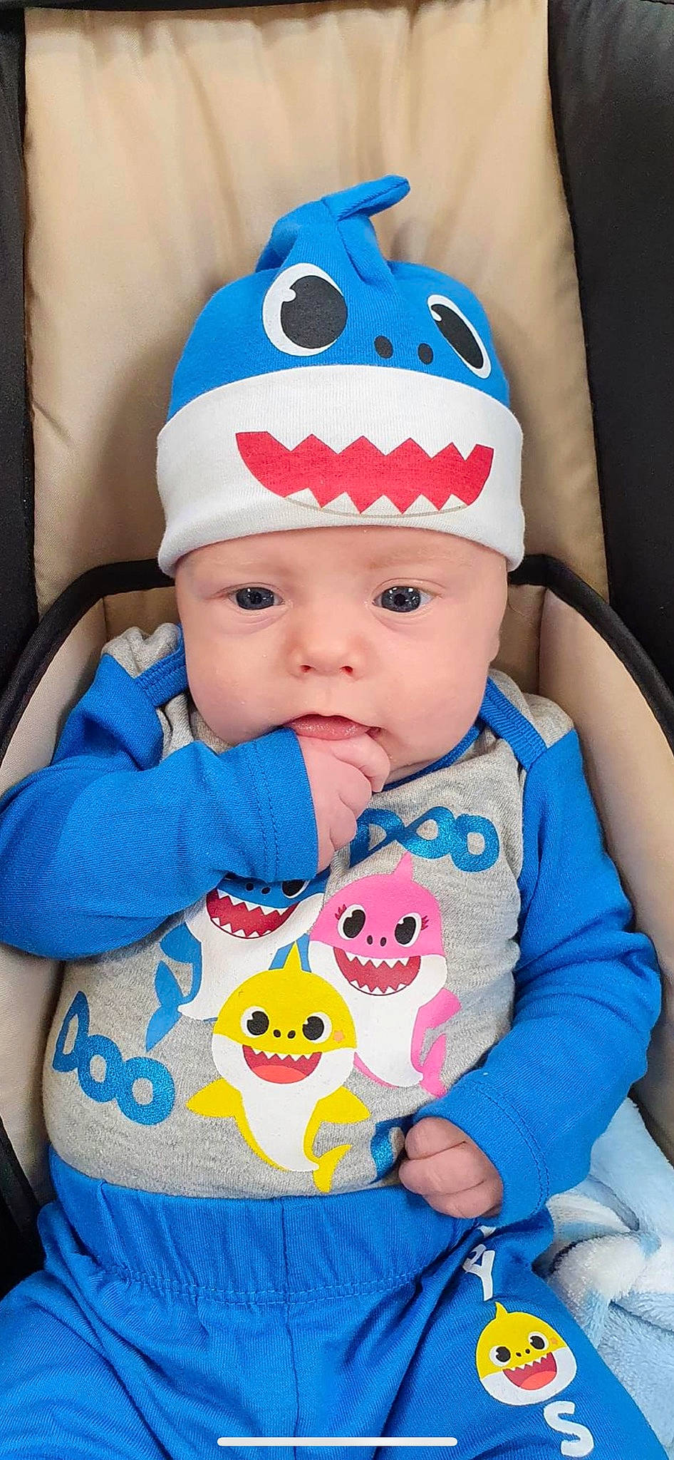 Maverick joined the competition — help win amazing prizes! baby, baby_toddler_clothing, blue, cap, cheek, child, eye, eyebrow, face, facial_expression, happy, head, headwear, lip, organ, outerwear, person, product, sleeve, textile