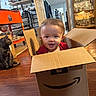 baby, child, toddler, cardboard_box, cat, floor, wood_floor, indoor, sitting, red_clothing, face, smiling, pet, furniture, shelf, decor, home, curious, animal, playful
