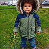 boots, candid, cars, child, coat, cute, daisies, fur_hood, grass, hood, jeans, outdoor, park, parka, portrait, sidewalk, standing, toddler, tree, winter_clothing