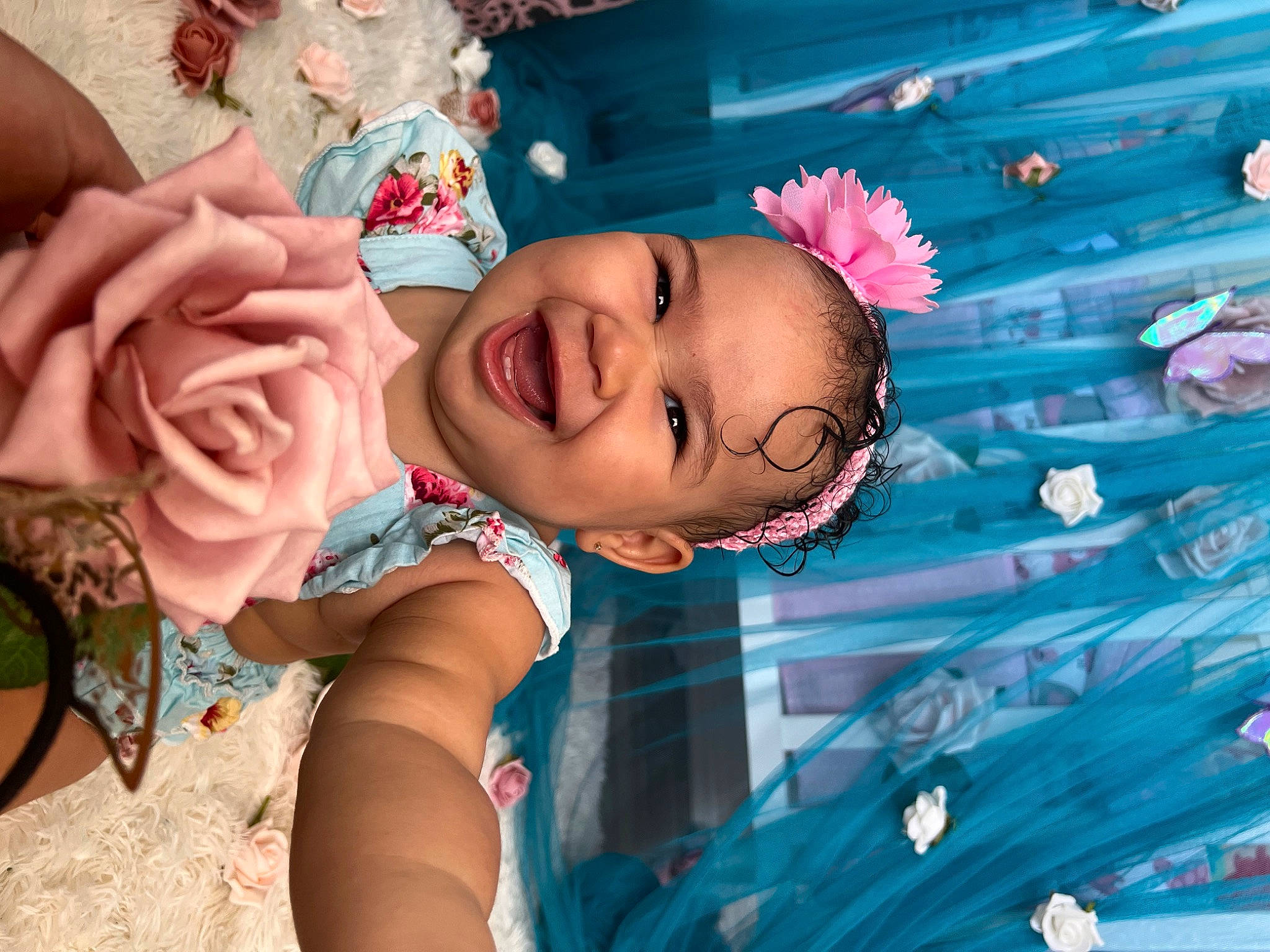 Adaleah joined the competition — help win amazing prizes! aqua, azure, baby, baby_laughing, baby_toddler_clothing, child, event, fun, happy, hat, leisure, pattern, person, petal, pink, plant, rose, skin, smile, textile