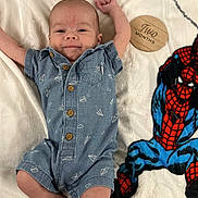 Solyn joined the competition — help win amazing prizes! baby, baby_clothing, blanket, blue_romper, child, cozy, cute, happy, indoor, infant, lying_down, paper_airplane_pattern, portrait, raised_arm, smiling, soft_texture, spiderman, superhero, two_months, wooden_sign