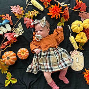 Sophia joined the competition — help win amazing prizes! baby, infant, pacifier, headband, bow, dress, plaid, socks, pumpkin, autumn_leaves, fall_decor, flower, black_blanket, baby_clothes, decorative_sign, one_month, cute, newborn, lying_down, celebration