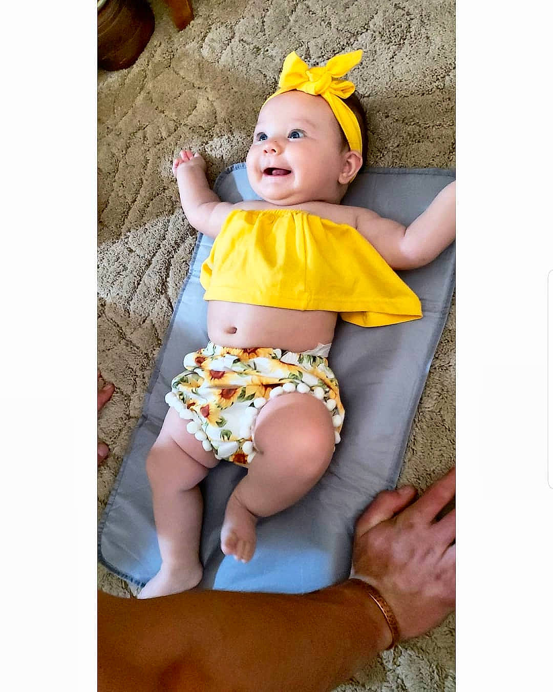 Aspen Marie joined the competition — help win amazing prizes! baby, baby_bloomers, baby_products, baby_toddler_clothing, child, clothing, costume, headgear, orange, pattern, person, product, toddler, yellow