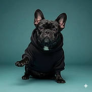 Harley a rejoint le concours — aidez-le/la à gagner de superbes lots ! dog, french_bulldog, black_dog, hoodie, pet_clothing, studio_shot, paw, cute, portrait, animal, pet, fashion, sitting, indoor, looking_at_camera, ears_up, isolated_background, teal_background, canine, small_dog