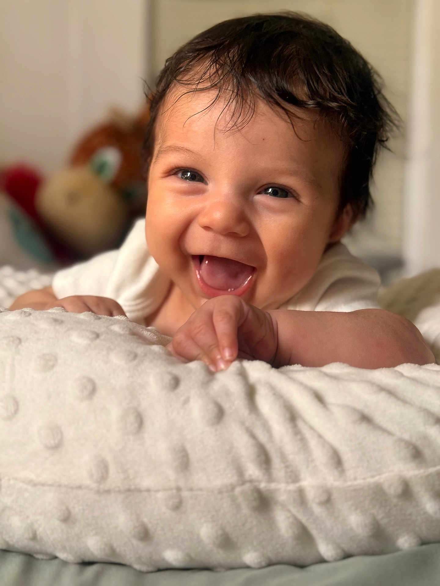 Abran is registered to the contest to win money with this photo: baby, smiling, happy, infant, face, hand, blanket, soft_texture, plush_toy, indoor, cute, child, portrait, closeup, skin, expression, young, person, comfort, warm