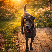 Idem participe au concours pour gagner de l'argent avec cette photo : animal, attentive, black_dog, collar, curious, daylight, dog, flowers, garden, golden_hour, greenery, nature, outdoor, pathway, pet, plants, shiny_coat, summer, sunlight, walking