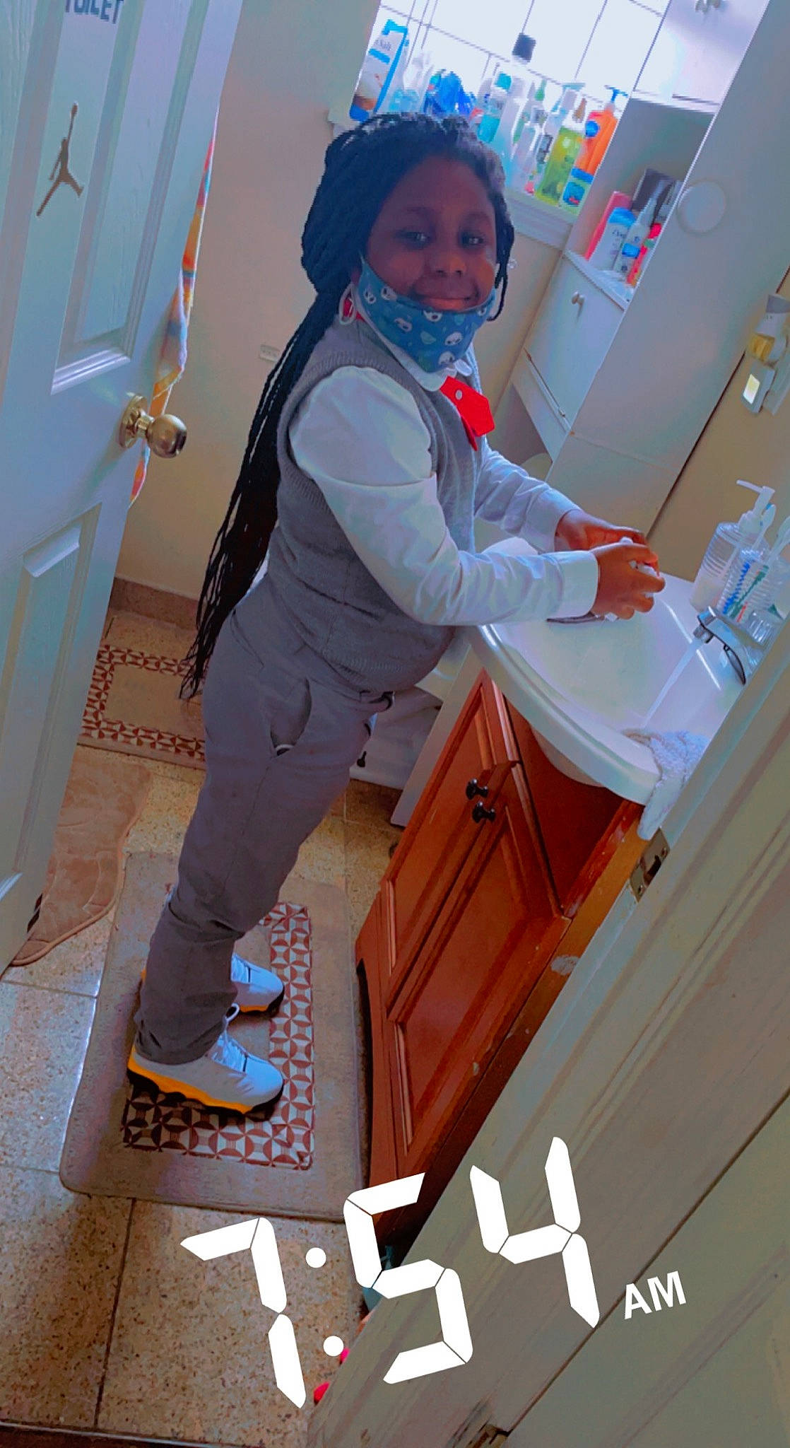 Kenyla is registered to the contest to win money with this photo: boot, child, costume, door, electric_blue, eyewear, fashion_design, flooring, fun, human_leg, job, knee, leg, person, room, service, smile, sneakers, thigh, uniform