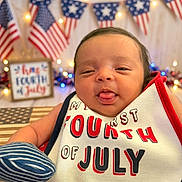 Victoria is registered to the contest to win money with this photo: baby, infant, patriotic, fourth_of_july, american_flag, bib, tongue_out, celebration, holiday, festive, red, white, blue, lights, decorations, cute, portrait, smiling, indoor, person
