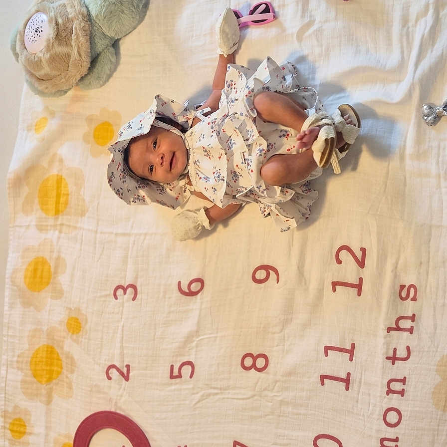 Victoria is registered to the contest to win money with this photo: baby, infant, blanket, floral_dress, bonnet, plush_toy, turtle, numbers, months, circle, cute, smiling, lying_down, soft_toys, colorful, young_child, milestone, white_background, indoors, playful