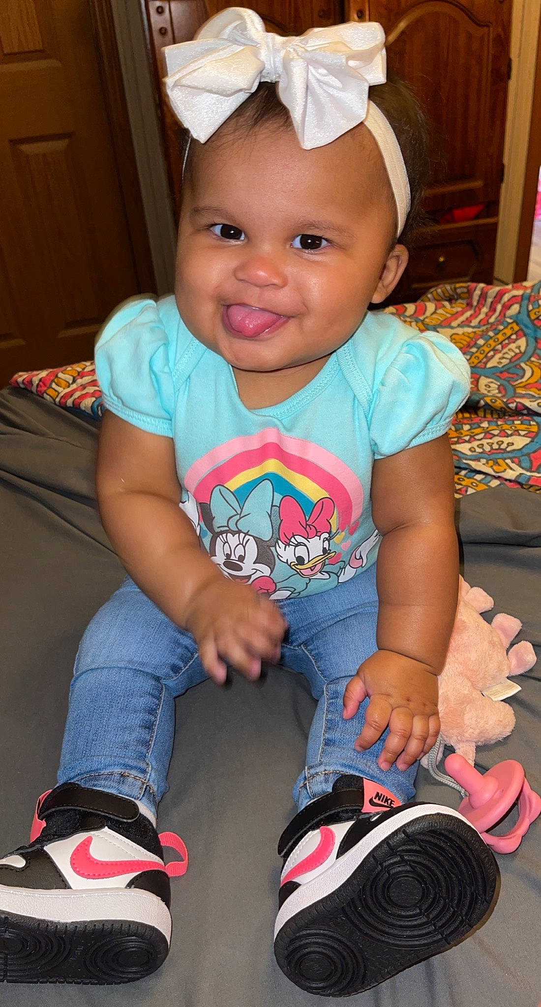 Addison joined the competition — help win amazing prizes! baby_toddler_clothing, blue, cap, cheek, child, chin, clothing, cool, facial_expression, finger, green, happy, head, jeans, joy, person, pink, skin, sleeve, smile