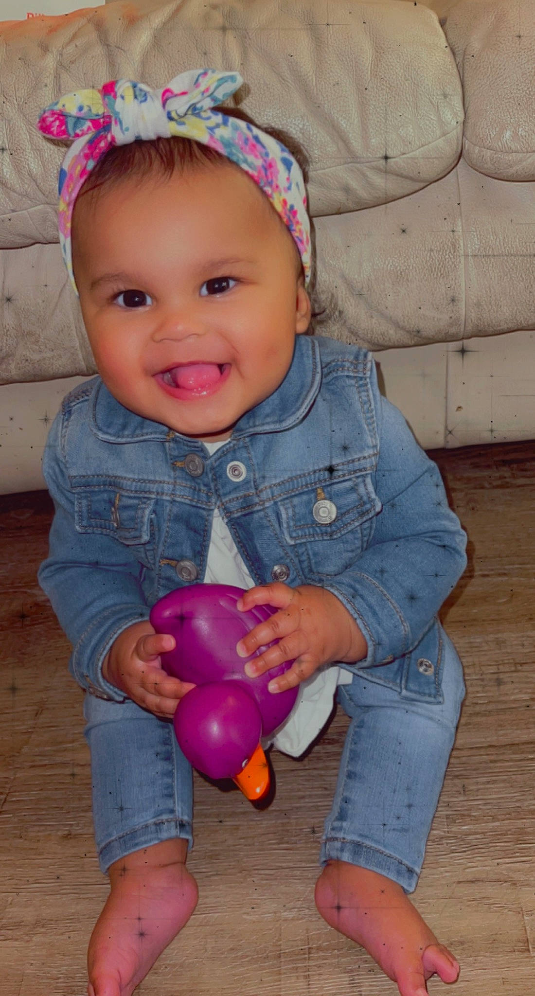 Addison is registered to the contest to win money with this photo: baby_playing_with_toys, baby_toddler_clothing, cap, cheek, clothing, eye, face, facial_expression, fun, happy, iris, jeans, joy, lip, nose, organ, person, pink, skin, sleeve