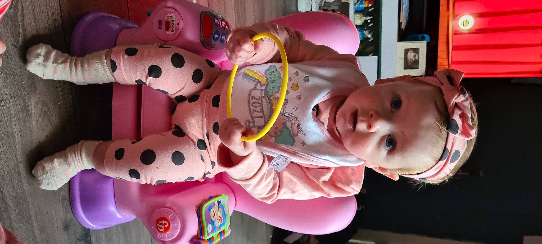 Minnie joined the competition — help win amazing prizes! baby, baby_products, baby_toys, carmine, child, costume, eyewear, facial_expression, fun, happy, person, picture_frame, pink, play, product, recreation, smile, stuffed_toy, textile, toddler