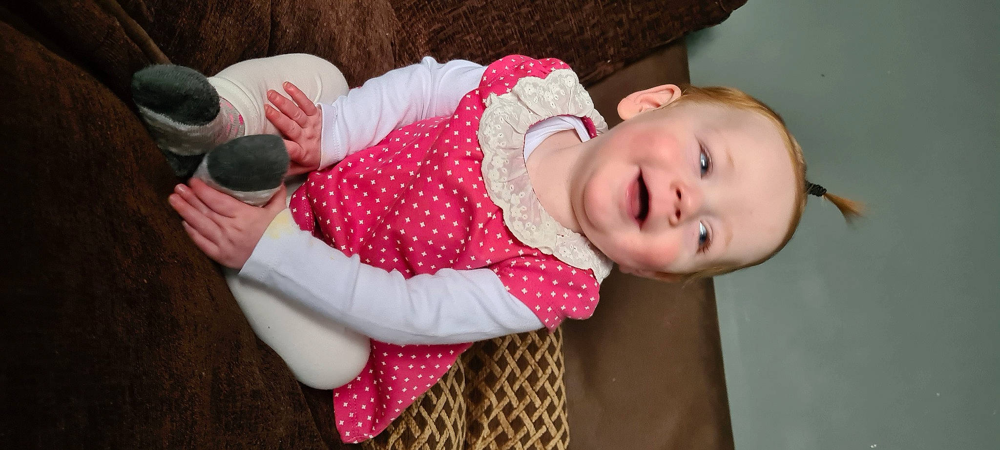 Minnie joined the competition — help win amazing prizes! abdomen, arm, baby, baby_products, baby_toddler_clothing, cheek, child, comfort, finger, hand, happy, joy, nail, pattern, person, pink, room, sitting, sleeve, smile