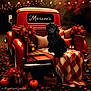 dog, black_dog, vintage_truck, pickup_truck, autumn, fall_leaves, pumpkins, blanket, pillows, flowers, lantern, outdoor, cozy, rustic, wooden_bed, decorations, seasonal, pet, curious, nature