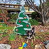 Munchkin joined the competition — help win amazing prizes! bare_tree, bushes, calm_dog, christmas_tree_cutout, daffodil, dog_toy, driveway_rock_border, fallen_leaves, front_yard, garden_plants, holiday_display, leash, outdoor_portrait, red_ornaments, rocks, seasonal_decor, silver_tinsel, small_dog, soil, yellow_house