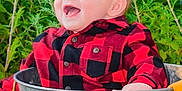 Christopher is registered to the contest to win money with this photo: baby, checkered_shirt, child, cute, garden, grass, greenery, happy, metal_bucket, nature, outdoor, plants, playful, portrait, purple_flowers, red_shirt, sitting, smile, sunlight, young_child