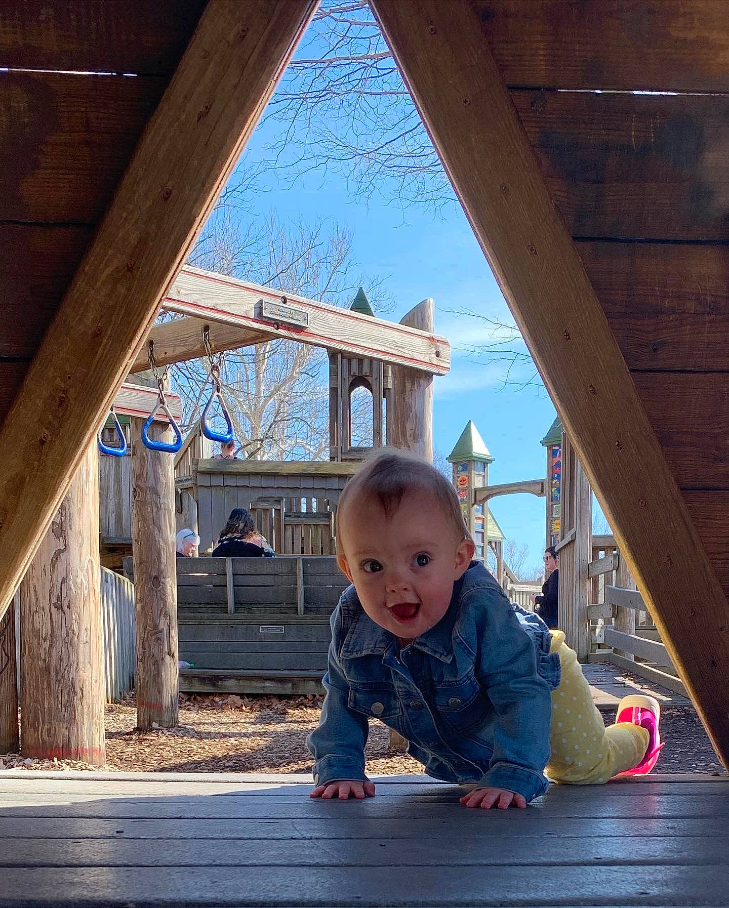 Otis is registered to the contest to win money with this photo: baby, baby_toddler_clothing, beam, crawling, flooring, fun, hardwood, house, human_settlement, leisure, line, mammal, person, roof, sitting, sky, tints_and_shades, toddler, window, winter