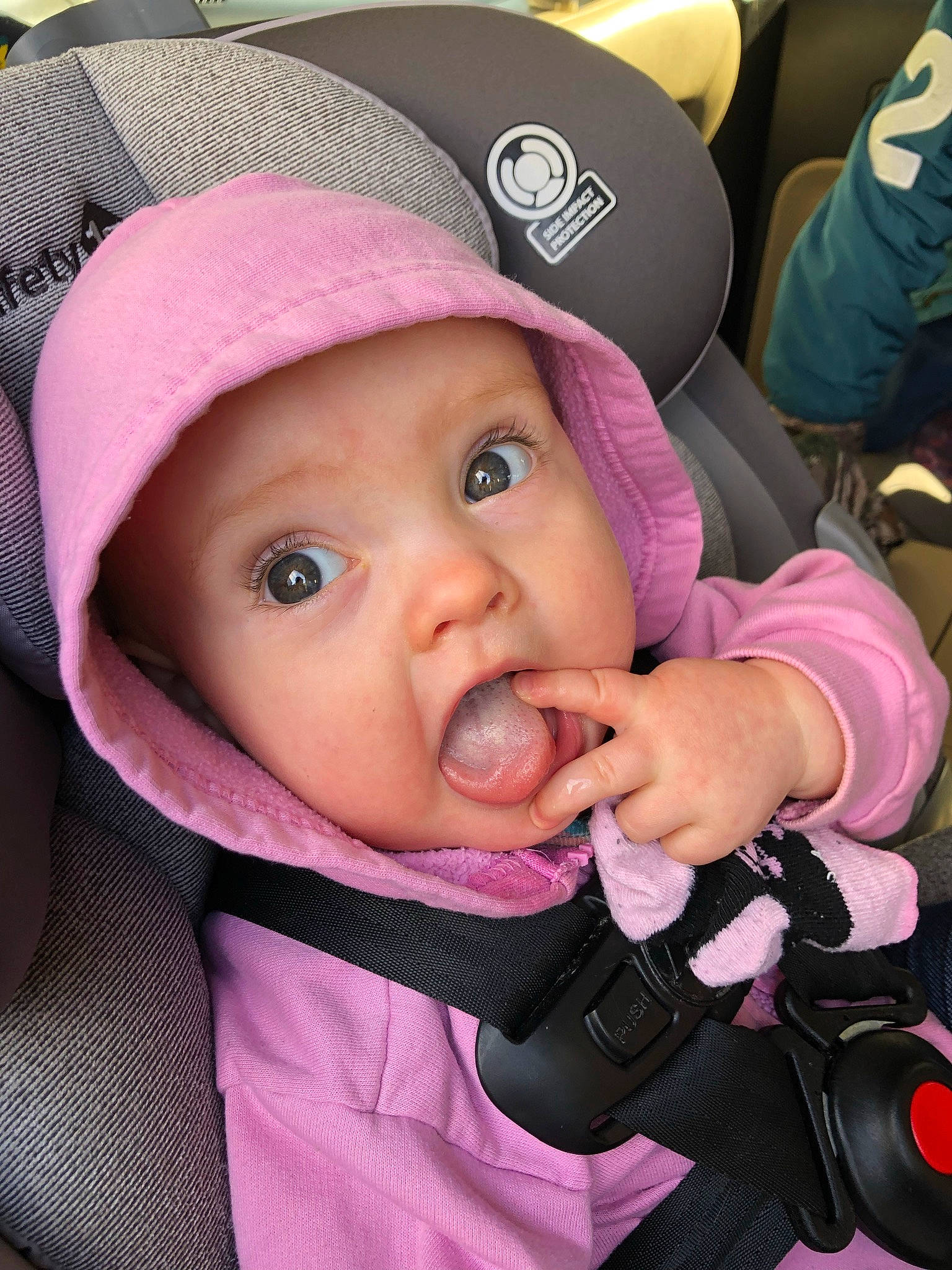 Otis joined the competition — help win amazing prizes! baby, baby_carriage, baby_toddler_clothing, cap, cheek, child, cool, eye, eyelash, hat, headwear, helmet, lip, mouth, nose, person, pink, product, purple, skin
