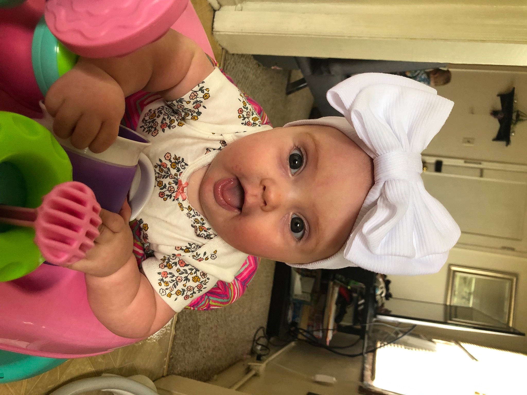 Otis Mae joined the competition — help win amazing prizes! baby, baby_products, baby_safety, baby_toddler_clothing, cheek, child, drinkware, eye, face, finger, happy, hat, head, mouth, nail, nose, person, pink, skin, smile