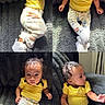 Acelynn is registered to the contest to win money with this photo: baby, child, yellow_shirt, polka_dot, pants, cartoon_print, white_booties, blanket, gray_blanket, cute, smiling, sitting, lying_down, portrait, indoor, natural_light, curly_hair, happy, cozy, collage