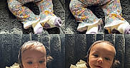 Acelynn is registered to the contest to win money with this photo: baby, baby_socks, child, clothing, collage, comfortable, curious, cute, daddys_girl, expression, floral_pants, girl, indoor, multiple_faces, natural_light, portrait, sitting, smiling, texture, white_shirt
