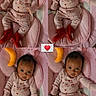 baby, infant, pink, red_socks, cushion, yellow_moon, cute, collage, heart_emoji, envelope, clothing, lying_down, indoors, child, portrait, adorable, soft_toys, smiling, cozy, baby_girl