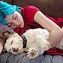 Ranger is registered to the contest to win money with this photo: arm, blanket, blue_hair, closeup, couch, couch_cushion, dog, dog_collar, indoor, nap, person, pet, pillow, red_shirt, relaxed, sleeping, snuggling, soft_texture, tattoo, white_fur