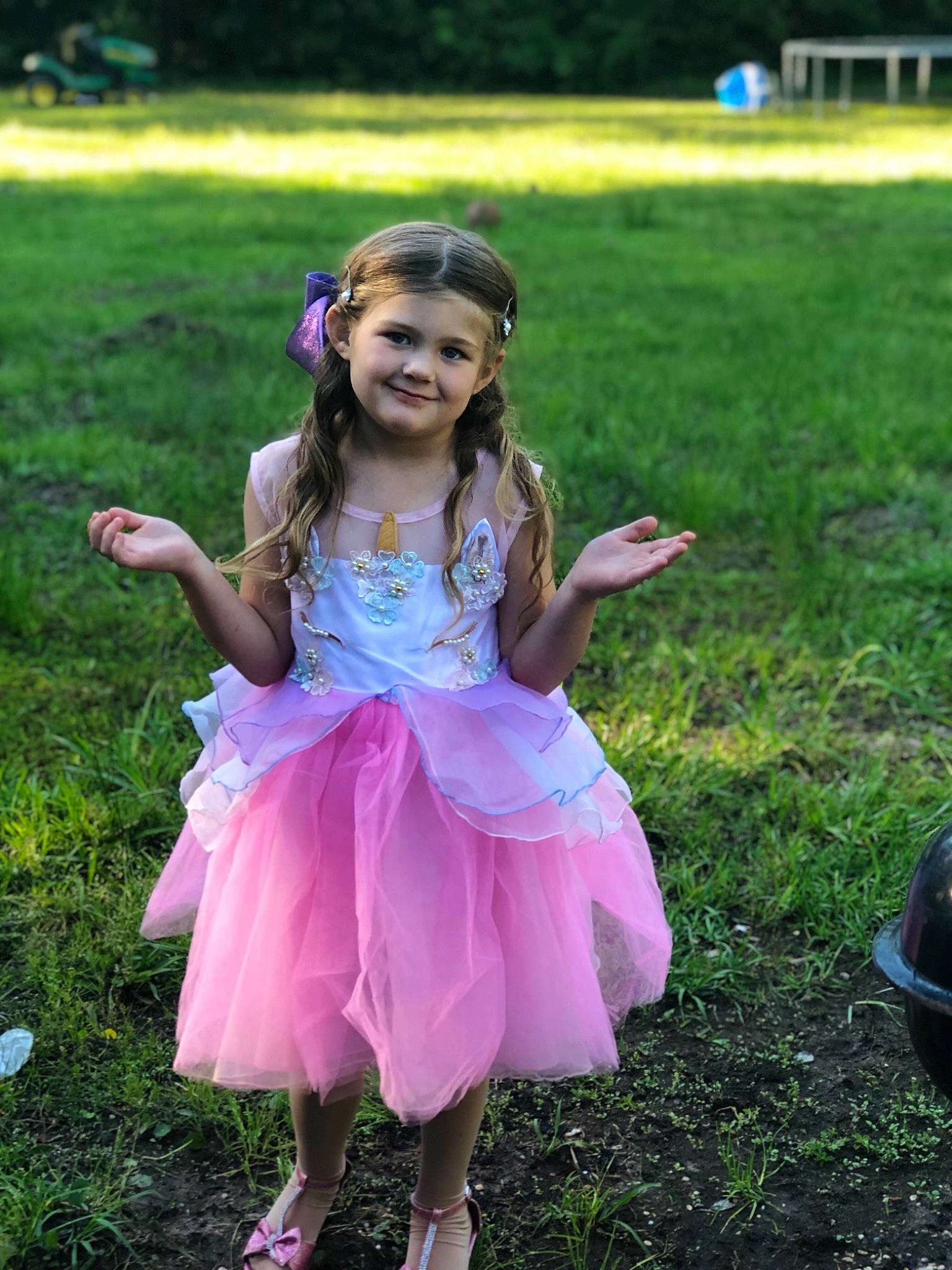 Cassie joined the competition — help win amazing prizes! ballet_tutu, child, clothing, costume, dress, grass, happy, joy, lavender, person, pink, smile, toddler