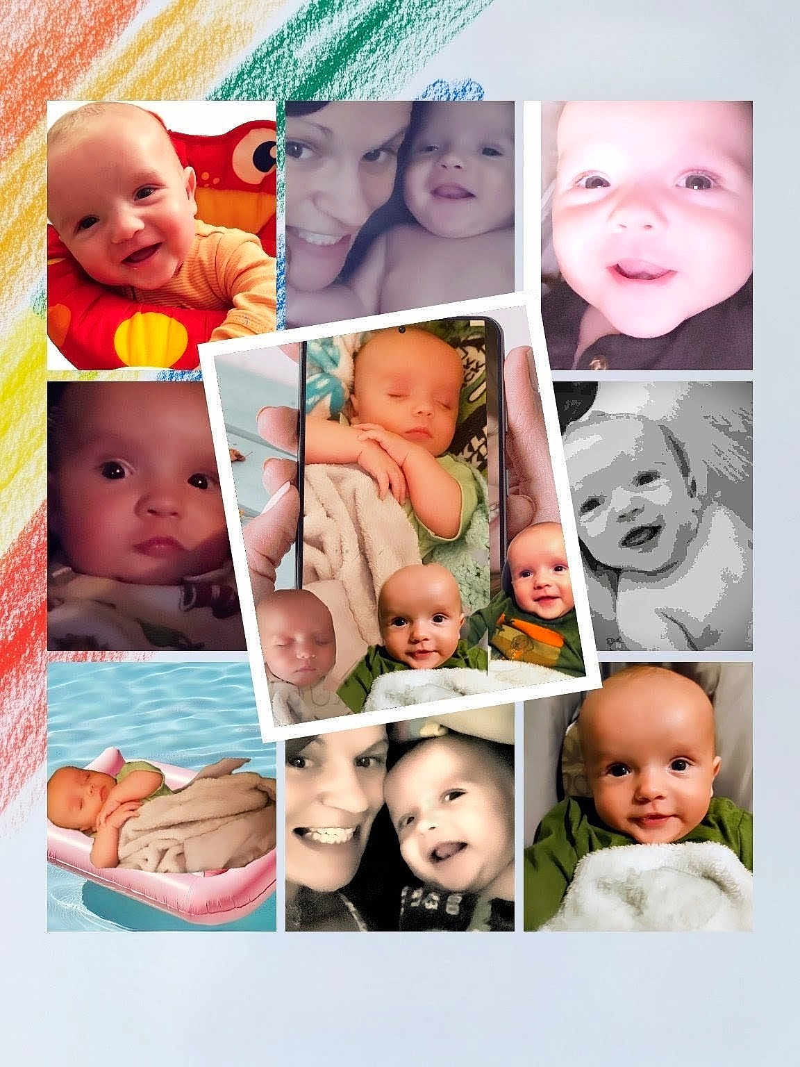 Jax is registered to the contest to win money with this photo: baby, infant, smile, sleeping, child, adult, portrait, collage, closeup, blanket, happy, face, water, pool, inflatable, colorful, rainbow, person, cute, family