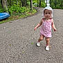 toddler, child, walking, outdoor, forest, trees, path, romper, hat, shoes, nature, greenery, sidewalk, summer, daylight, baby, person, park, play, adventure
