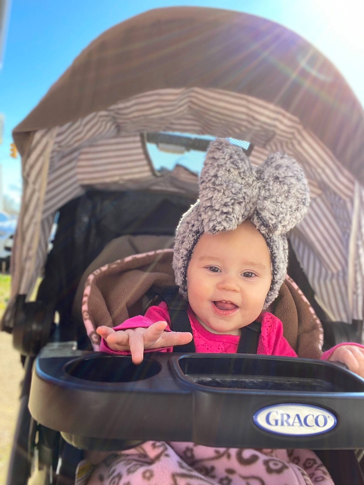 Layken joined the competition — help win amazing prizes! baby, baby_carriage, baby_products, child, eye, fun, happy, headgear, headwear, people, person, photography, pink, play, product, skin, smile, toddler, vacation, vehicle
