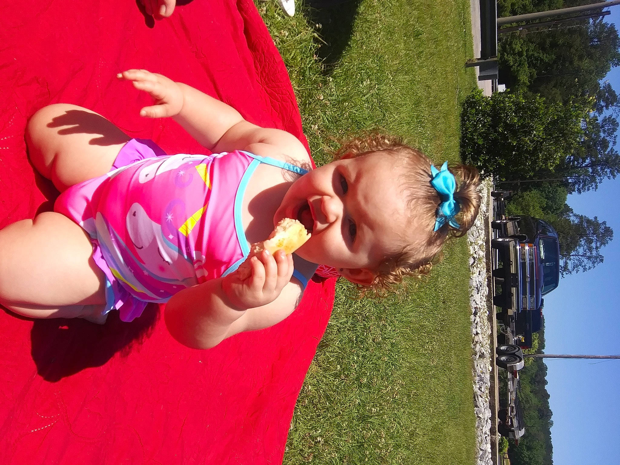 Mariylyn is registered to the contest to win money with this photo: child, fun, grass, happy, leisure, person, pink, summer, toddler, vacation