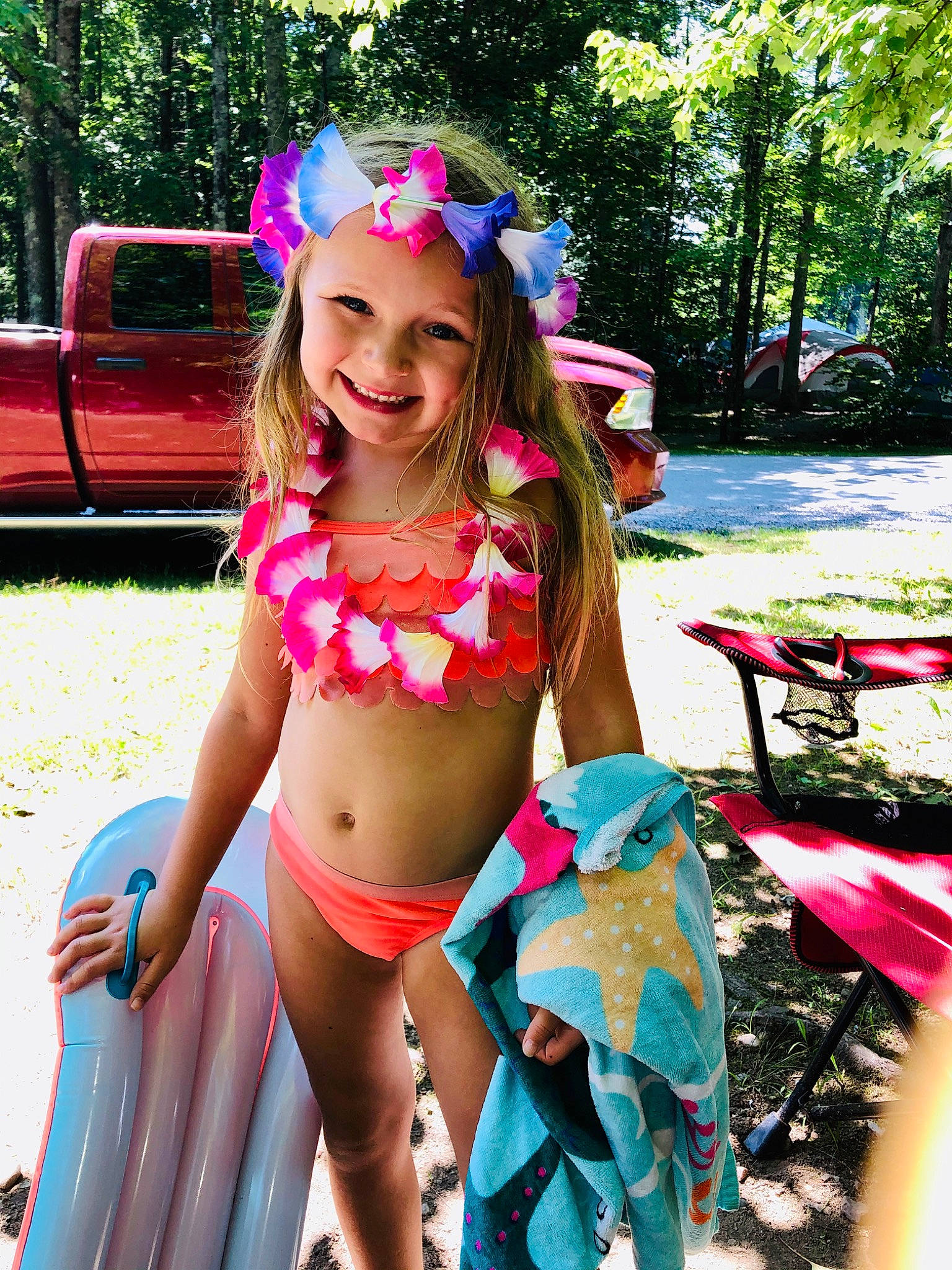 Gracey joined the competition — help win amazing prizes! bikini, child, child_model, clothing, costume, fashion_accessory, fun, headgear, headwear, joy, leisure, navel, party, person, pink, summer, swimsuit_top, swimwear, vacation