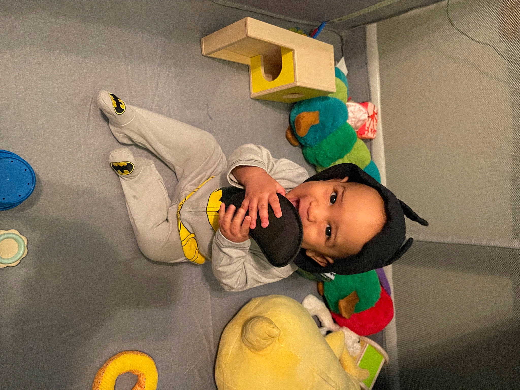 Cade is registered to the contest to win money with this photo: animation, baby, baby_products, baby_toys, child, costume, fictional_character, fun, happy, person, personal_protective_equipment, play, plush, room, stuffed_toy, sun_hat, toddler, toy, trick_or_treat