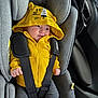 adorable, baby, car_interior, car_seat, casual_wear, child, clothing, cozy, cute, gray, hood, infant, looking_away, newborn, portrait, safety, seatbelt, small_hands, straps, yellow_hoodie