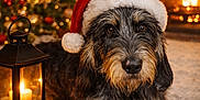Louloute a rejoint le concours — aidez-le/la à gagner de superbes lots ! dog, santa_hat, lantern, candle, carpet, christmas_tree, christmas_lights, fireplace, stockings, holiday, festive, indoor, pet, cozy, decorations, warm_lighting, fur, cute, relaxed, celebration