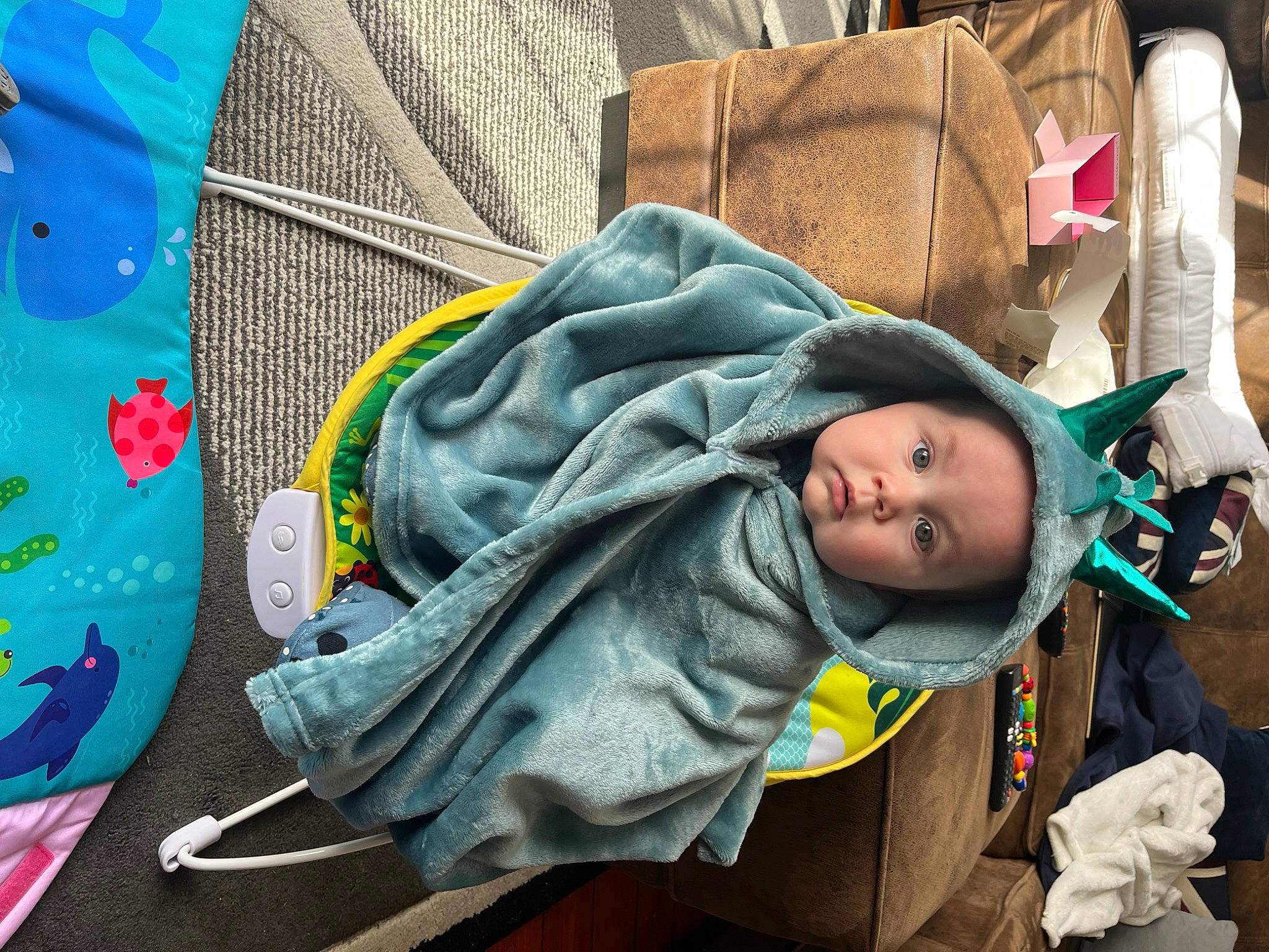 Ellis joined the competition — help win amazing prizes! baby, baby_carriage, baby_products, baby_toddler_clothing, bag, baggage, child, comfort, denim, electric_blue, headgear, headwear, linens, nap, pattern, person, sitting, sleeve, surprise, textile
